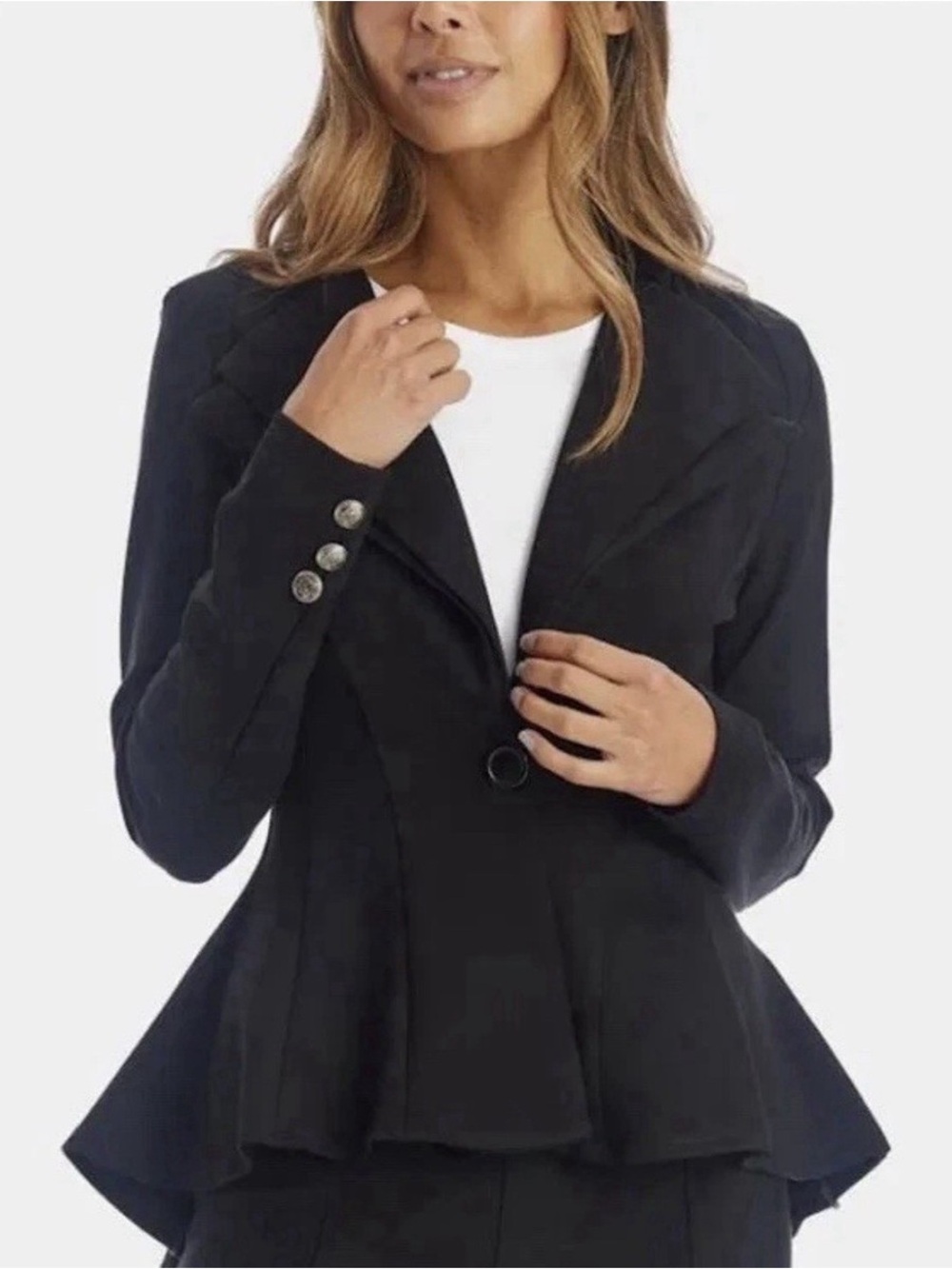 Noir Black Peplum Blazer Jacket Single Button High-Low Silver Crest Cuffs Size M